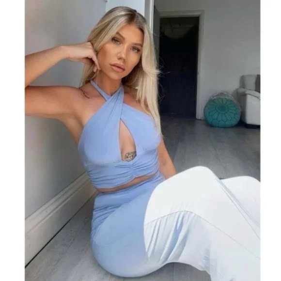 Blue Sleeveless Halter Neck Crop Top and High Waist Wide Leg Pants Two Piece Set - Picture 8 of 16